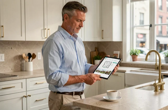 Homme consultant des annonces immobilières sur une tablette dans une cuisine moderne