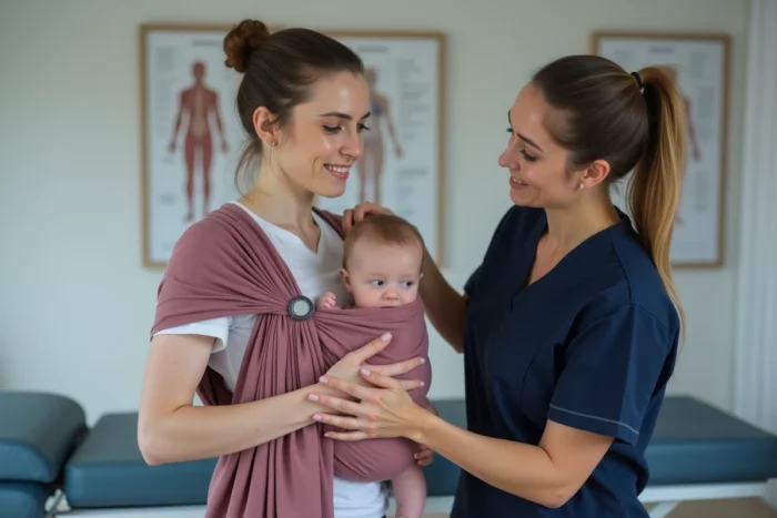 Femme consultant une kinésithérapeute pour des douleurs thoraciques liées au portage de son bébé en écharpe