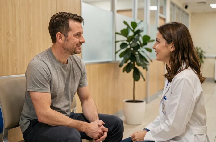 Patient en consultation avec une radiologue avant un examen IRM ouvert dans un couloir de clinique moderne