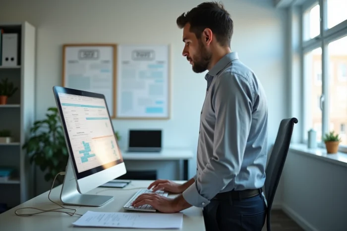 Coordinateur ADMR consultant le logiciel Philia sur un ordinateur de bureau dans une agence de services à domicile