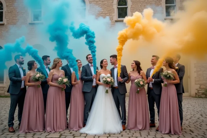 Cortège de mariage avec demoiselles d'honneur et garçons d'honneur tenant des fumigènes bleus et dorés dans une cour en pierre d'un château