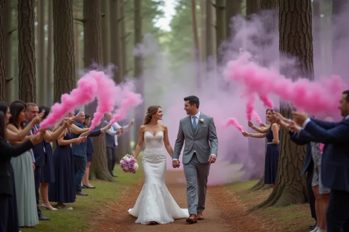 Couple de mariés marchant sur un chemin forestier entouré d'invités agitant des fumigènes roses et violets entre les arbres