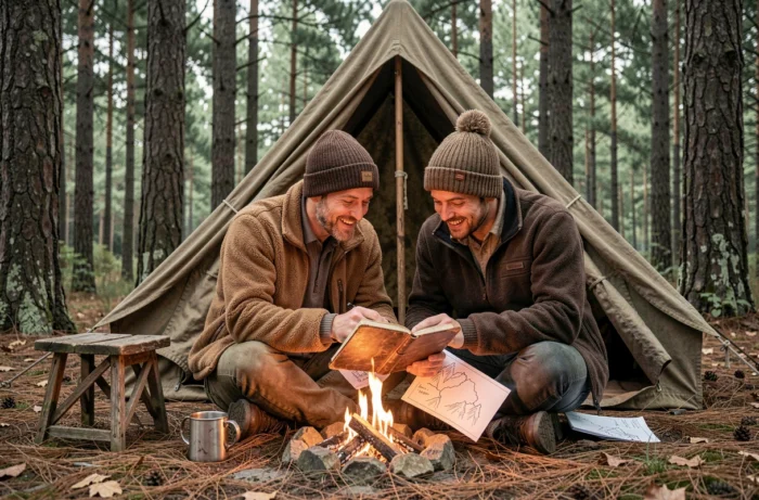 Couple planifiant un itinéraire d'aventure autour d'un feu de camp dans une forêt de pins