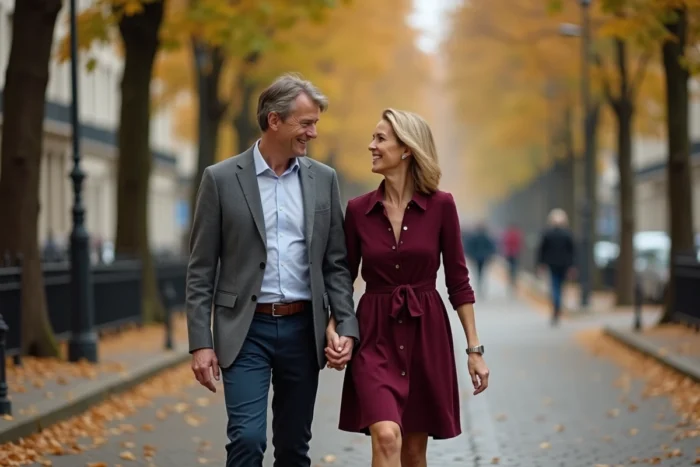 Couple élégant se promenant sur un boulevard parisien en automne, évoquant la vie de couple et la relation amoureuse d'une personnalité publique française