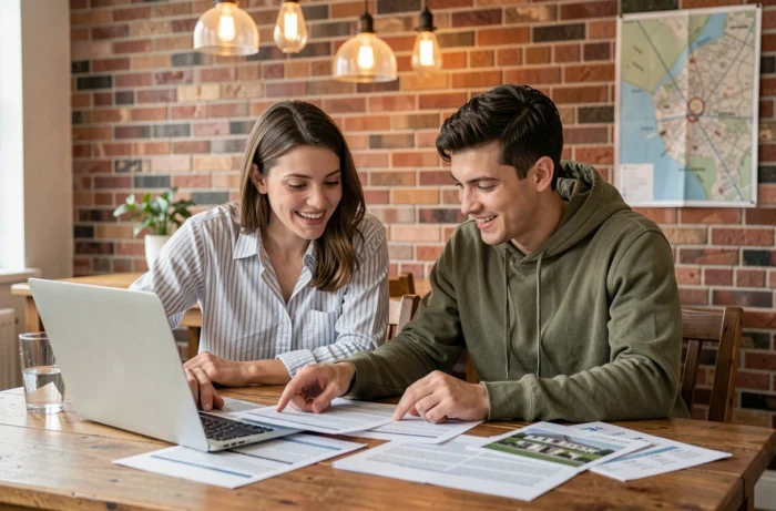 Couple recherchant ensemble un appartement en ligne avec des annonces imprimées et un ordinateur portable