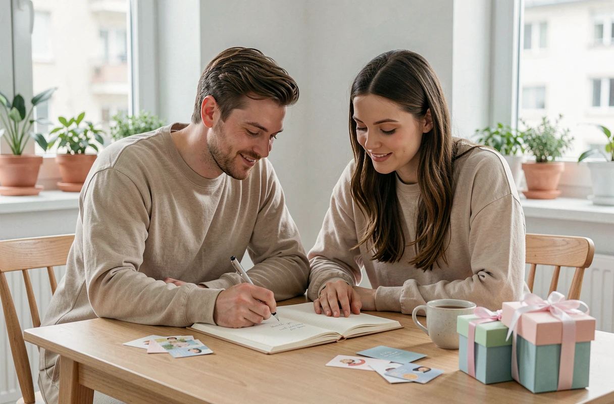 Couple de jeunes parents rédigeant ensemble un message de remerciement pour des cadeaux de naissance sur une table en bois