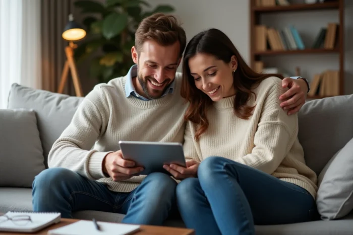 Couple planifiant leur projet de financement ensemble sur une tablette dans un salon confortable