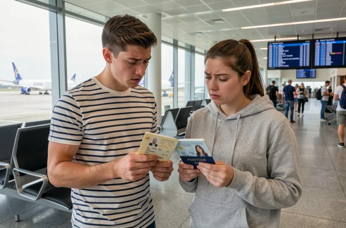 Couple comparant leurs passeports ouverts près d'une porte d'embarquement pour vérifier les informations de prénom sur leur billet d'avion