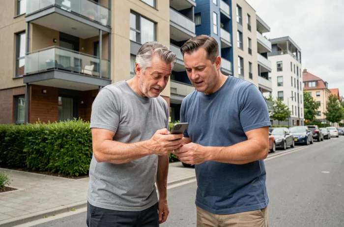 Couple consultant une annonce immobilière en ligne devant un immeuble résidentiel moderne en ville
