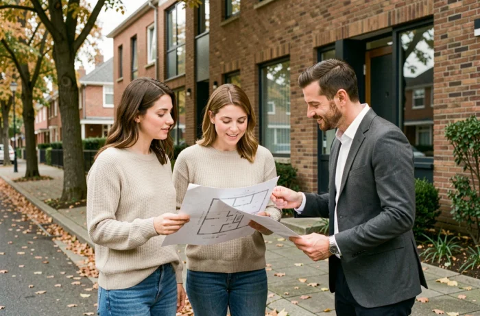 Un couple discute avec un agent immobilier devant une maison moderne lors d'une visite immobilière en automne