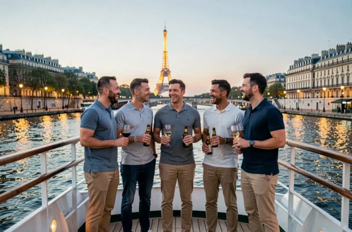 Groupe d'amis profitant d'une croisière apéro sur la Seine avec vue sur Paris