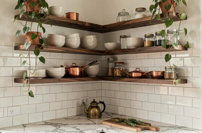 Coin cuisine parisien avec étagères en noyer, carrelage métro blanc et accessoires en cuivre pour une décoration intérieure tendance