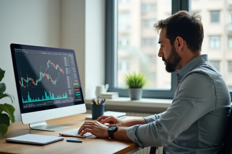Homme concentré analysant des graphiques boursiers sur un ordinateur portable dans un bureau moderne
