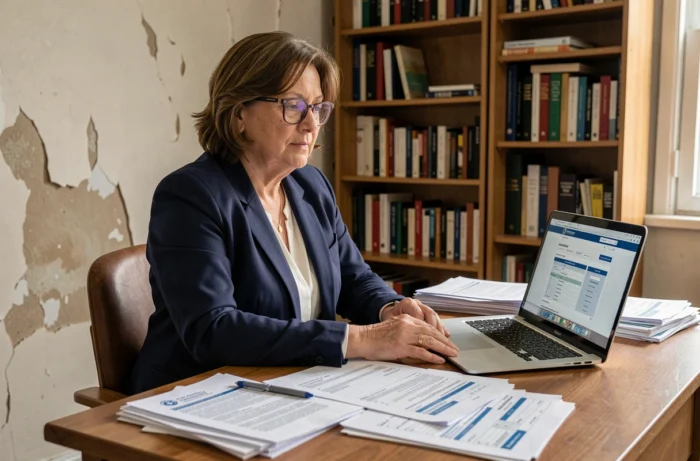 Femme effectuant des démarches administratives aux impôts pour une maison inhabitable, entourée de documents fiscaux sur son bureau