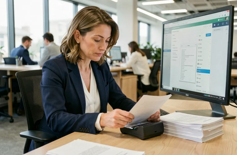 Professionnelle numérisant des documents papier avec un scanner de bureau pour sécuriser les données de l'entreprise