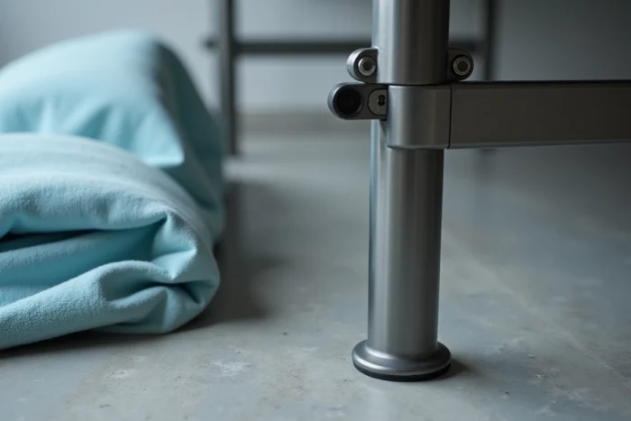 Détail du mécanisme de réglage en hauteur et des charnières en acier d'une table de massage avec appui-tête en microfibre