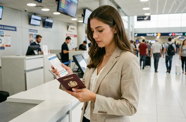 Femme examinant sa carte d'embarquement et son passeport au comptoir d'enregistrement d'un aéroport international