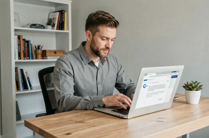 Homme malade chez lui rédigeant un e-mail d'absence professionnelle adressé à un client depuis son bureau à domicile