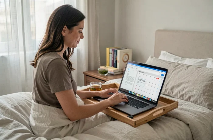 Femme malade assise dans son lit rédigeant un e-mail formel avec une date de retour estimée sur son ordinateur portable