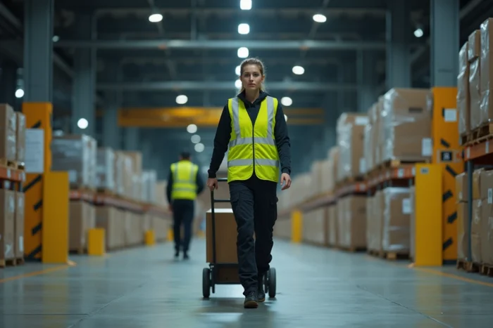 Employée préparatrice de commandes Amazon poussant un chariot de colis dans un entrepôt logistique la nuit