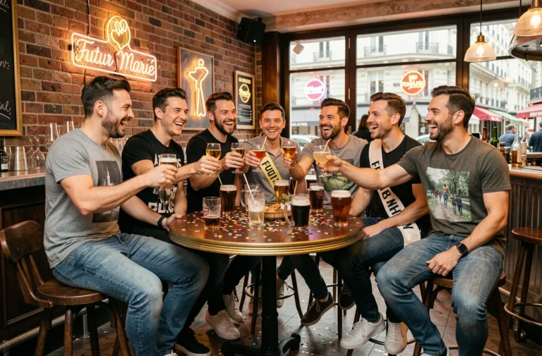 Groupe d'amis célébrant un enterrement de vie de garçon dans un bar parisien animé
