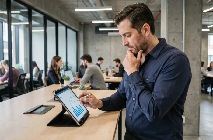 Entrepreneur masculin analysant les performances de son business en ligne dans un espace de coworking moderne
