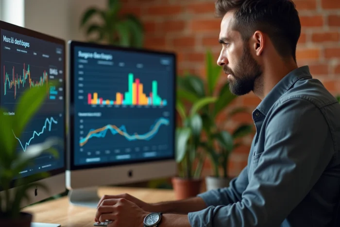 Entrepreneur analysant des tableaux de bord marketing et des indicateurs de performance sur deux écrans