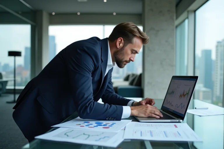 Entrepreneur analysant des diagrammes de blockchain Robthecoins sur un bureau en verre dans un bureau moderne