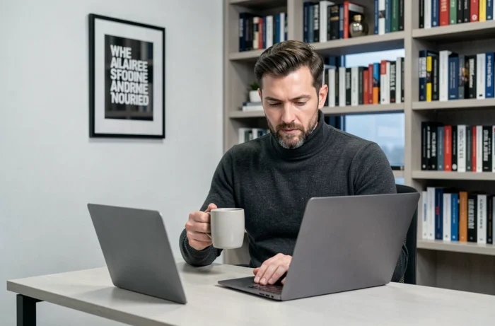 Entrepreneur concentré analysant un plan d'affaires sur ordinateur dans un bureau privé minimaliste et moderne