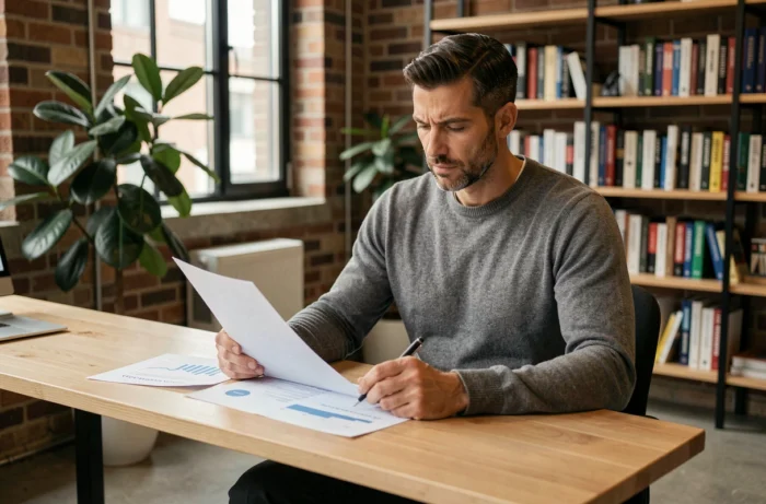 Entrepreneur concentré prenant des notes sur les actualités et tendances business dans un espace de coworking moderne