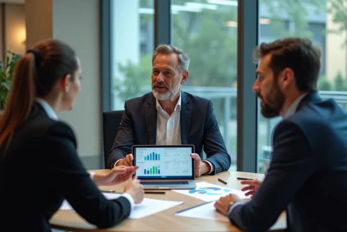 Équipe de professionnels discutant d'une stratégie d'investissement autour d'une table de réunion avec rapports financiers
