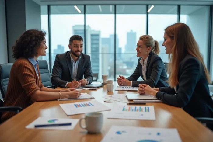 Équipe marketing en réunion de stratégie autour d'une table de conférence avec des rapports d'analyse