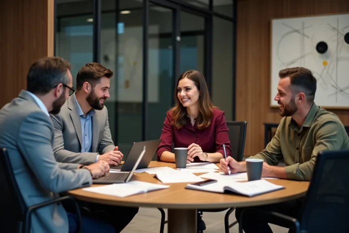 Équipe de professionnels discutant des stratégies d'intégration blockchain Robthecoins lors d'une réunion d'affaires