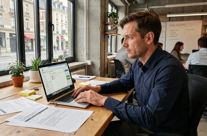 Expert SEO Cédric Guérin analysant des rapports de performance dans un bureau moderne à Rennes