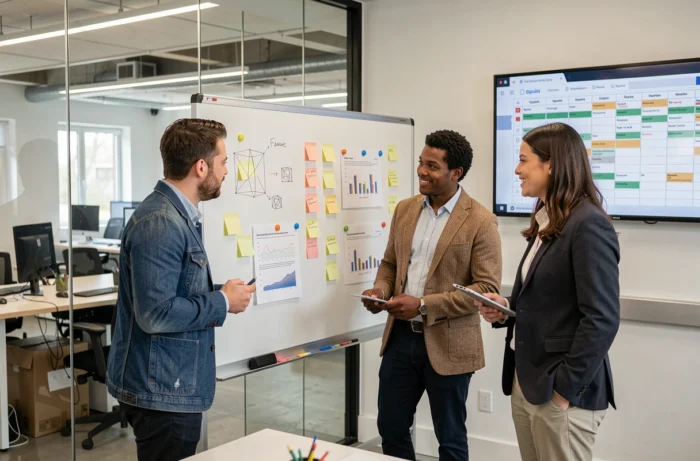 Équipe de professionnels en réunion de stratégie digitale autour d'un tableau blanc dans un espace de co-working