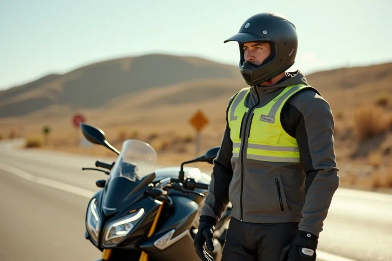 Motard équipé de manière réglementaire en Espagne avec casque homologué, gilet réfléchissant et veste de protection sur une aire d'autoroute espagnole