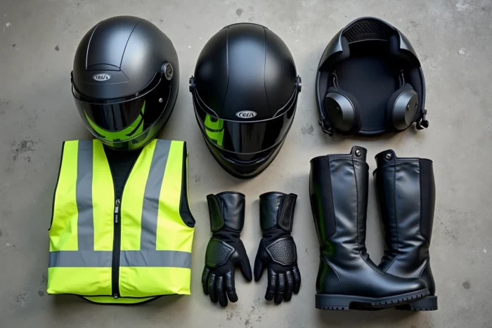 Vue à plat des équipements obligatoires pour moto en Espagne incluant casque, gilet réfléchissant, gants et protections homologués