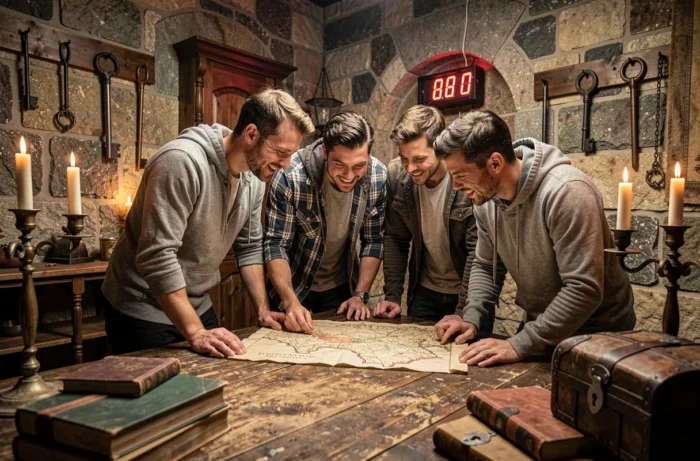 Groupe d'hommes résolvant des énigmes dans un escape game thématique du Marais à Paris