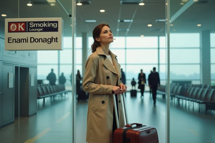 Femme avec bagage à main dans un espace fumeur fermé et vitré à l'intérieur d'un terminal d'aéroport