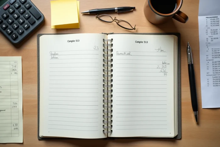 Vue en plongée d'un espace de travail comptable avec un journal ouvert au compte 513, calculatrice et reçus bancaires