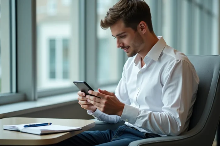 Étudiant consultant son relevé de notes Assas sur smartphone dans un espace commun universitaire