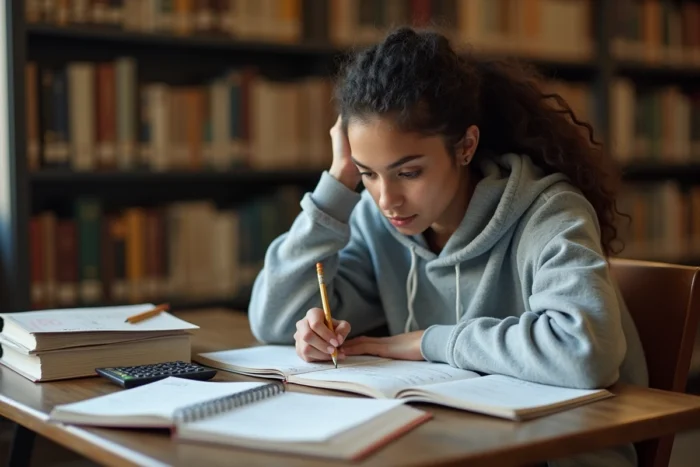 Étudiante en mathématiques consultant des manuels sur les nombres premiers dans une bibliothèque universitaire