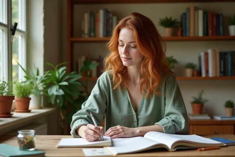 Étudiante en naturopathie révisant ses cours dans un bureau chaleureux entouré de livres de botanique et de fiches manuscrites
