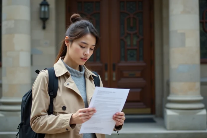 Étudiante tenant un relevé de notes imprimé devant l'entrée d'un bâtiment de l'université Assas