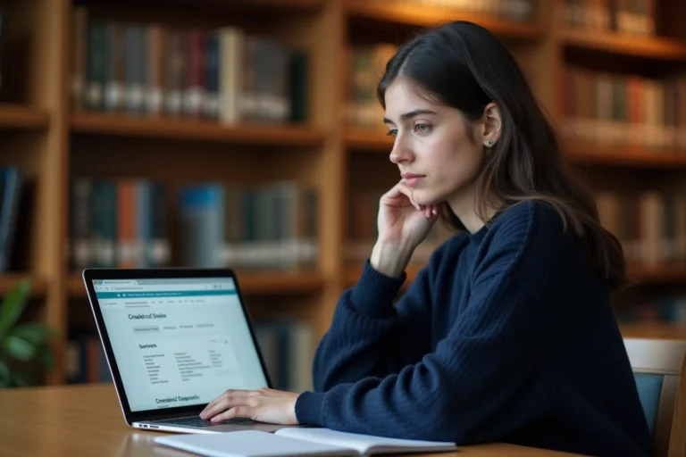 Étudiante consultant ses résultats universitaires en ligne sur un ordinateur portable dans une bibliothèque de droit