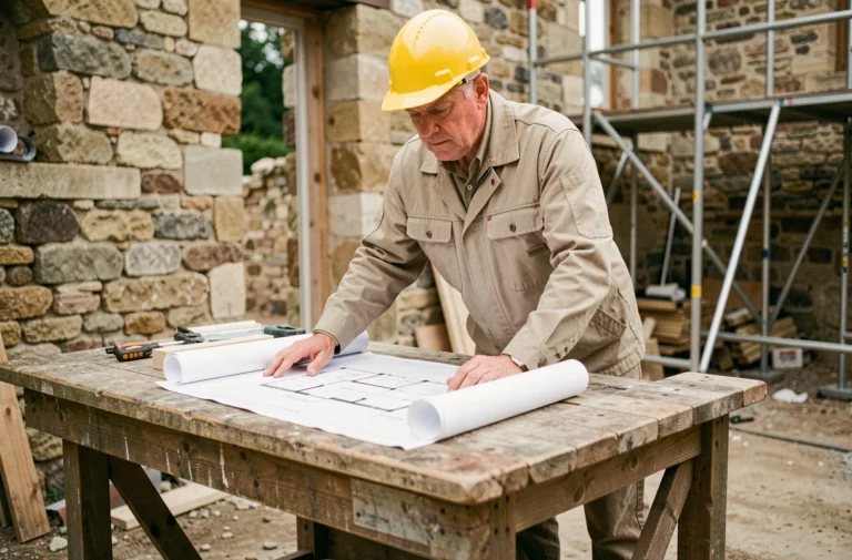 Expert en bâtiment consultant des plans de rénovation sur un chantier en pierre dans le Cher