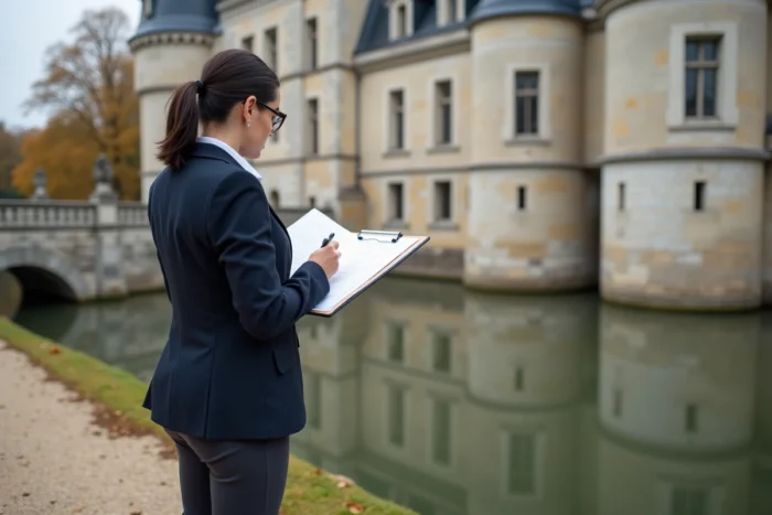 Experte en patrimoine évaluant la valeur architecturale du Château de Chambord au bord des douves, illustration d'une expertise immobilière monumentale