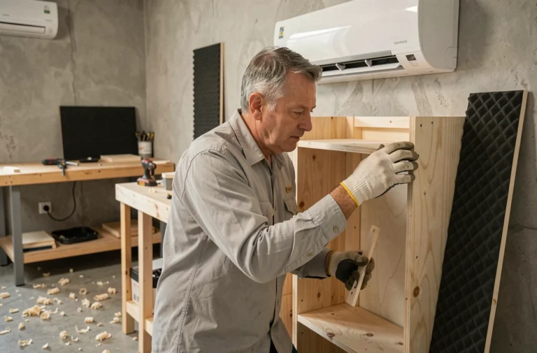 Homme assemblant un caisson acoustique en bois autour d'une climatisation murale dans un atelier de bricolage