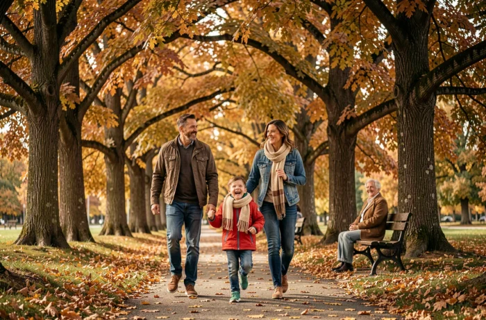 Famille se promenant dans un parc en automne entourée de feuillages dorés et colorés