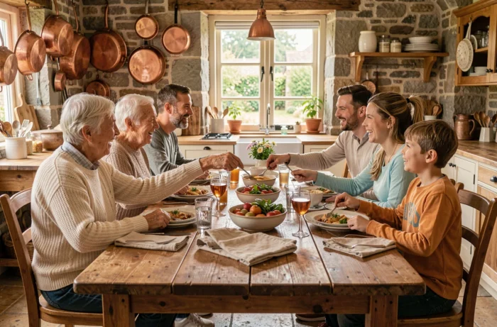 Famille multigénérationnelle réunie autour d'un repas convivial dans une cuisine rustique chaleureuse